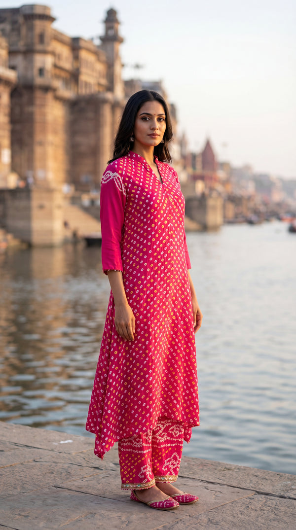 Bright Pink Bandhej Suit