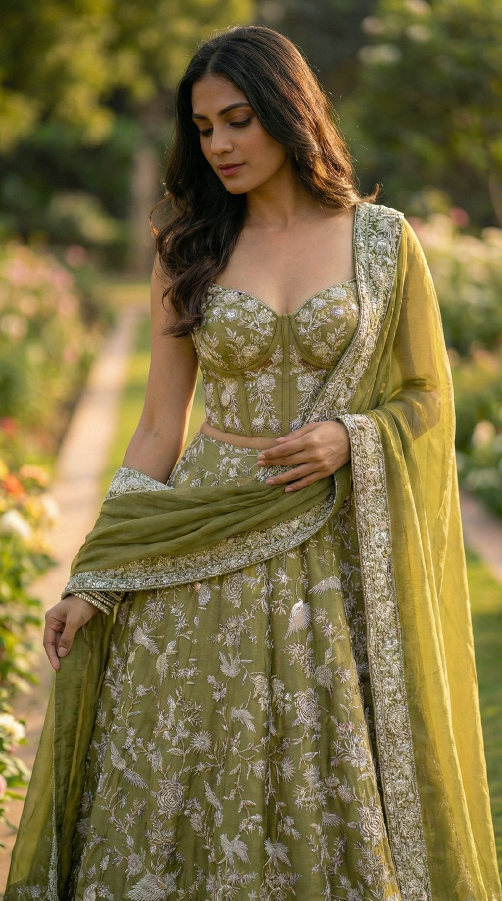 Moss Green Ghara Silk Skirt with Corset