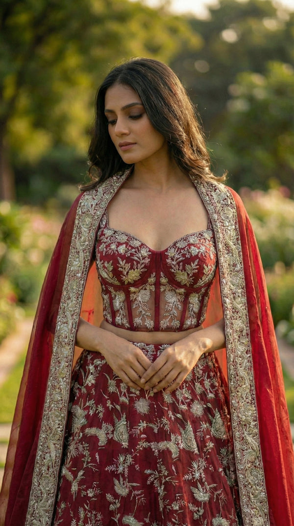 Cherry Red Ghara Silk Skirt with Corset