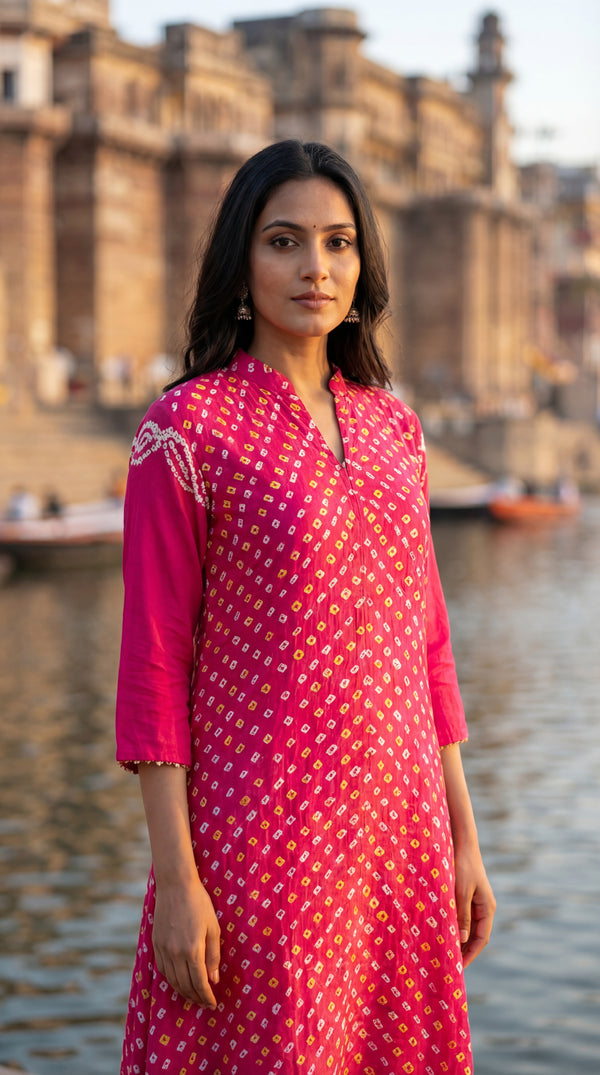 Bright Pink Bandhej Suit