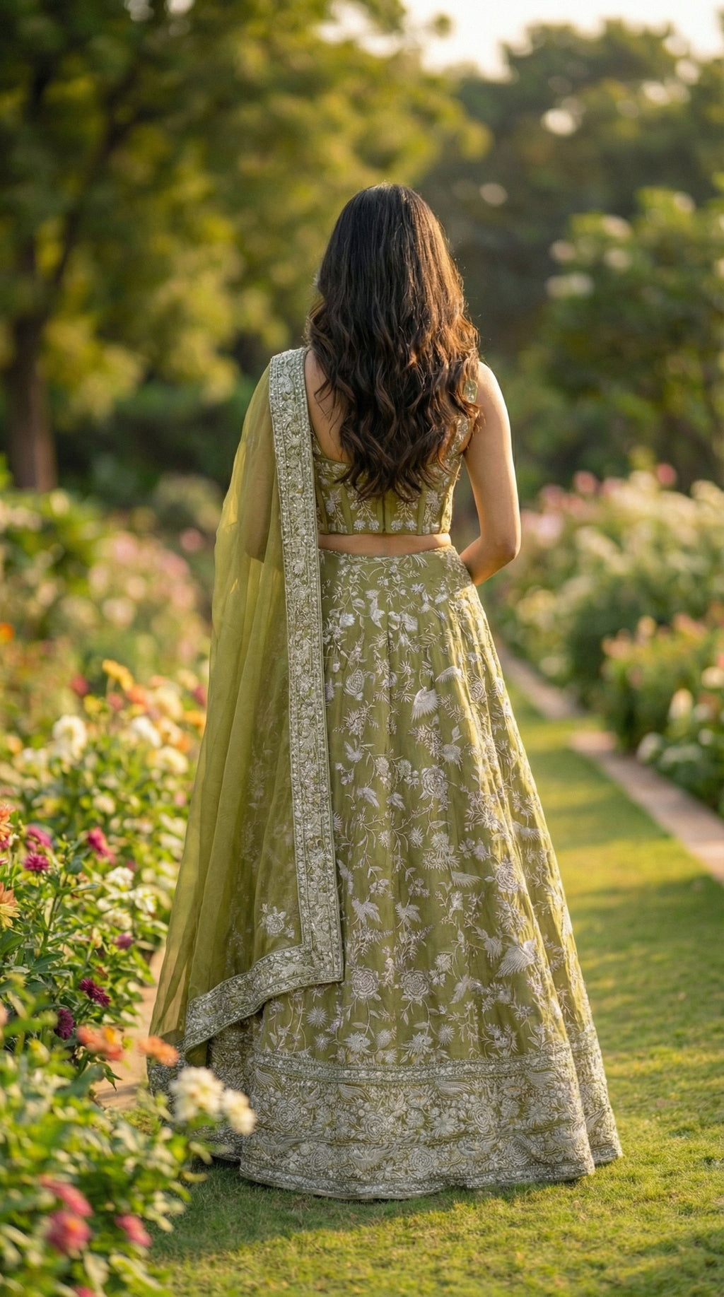 Moss Green Ghara Silk Skirt with Corset