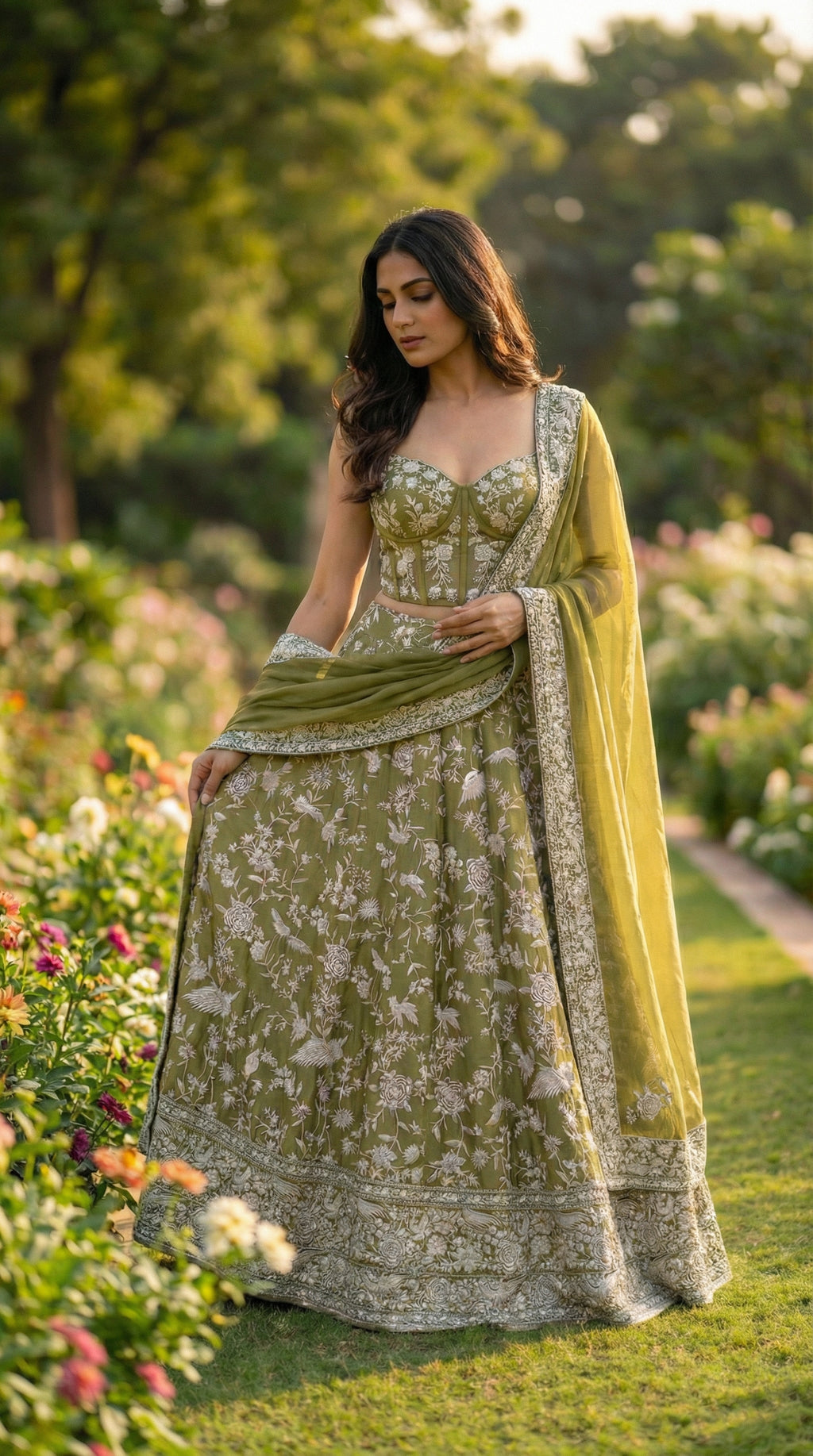Moss Green Ghara Silk Skirt with Corset