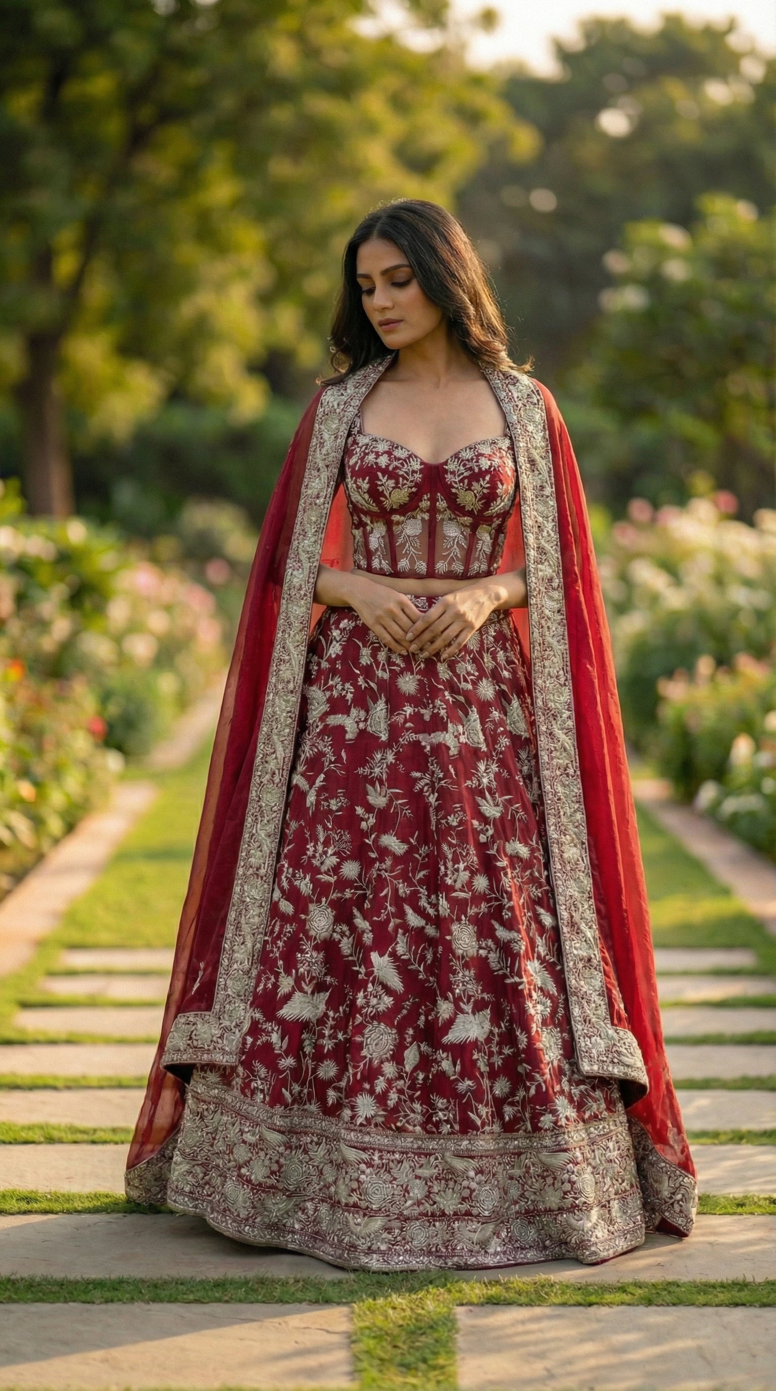 Cherry Red Ghara Silk Skirt with Corset