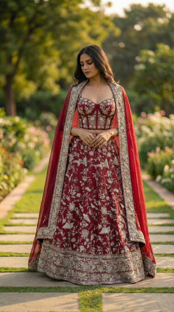 Cherry Red Ghara Silk Skirt with Corset