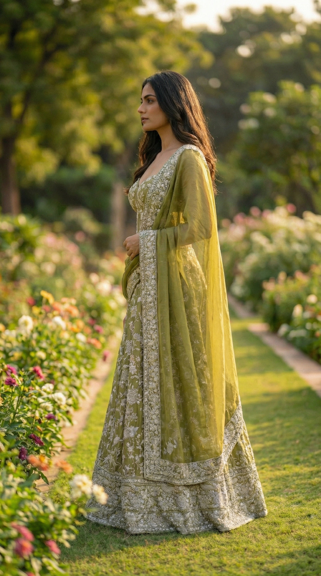 Moss Green Ghara Silk Skirt with Corset