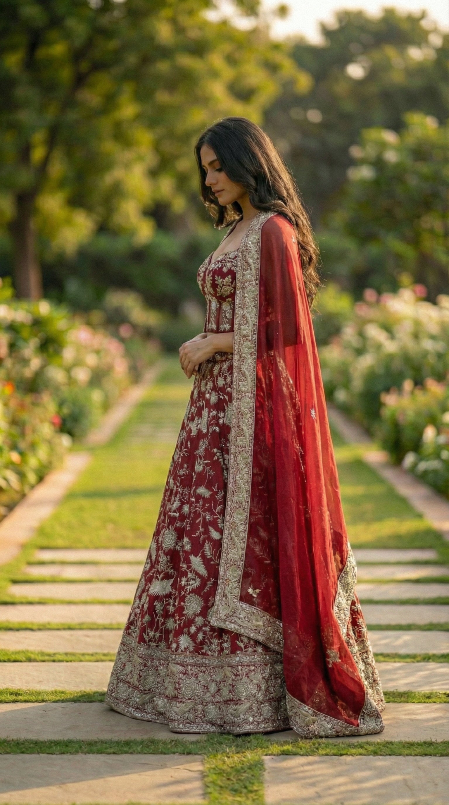 Cherry Red Ghara Silk Skirt with Corset