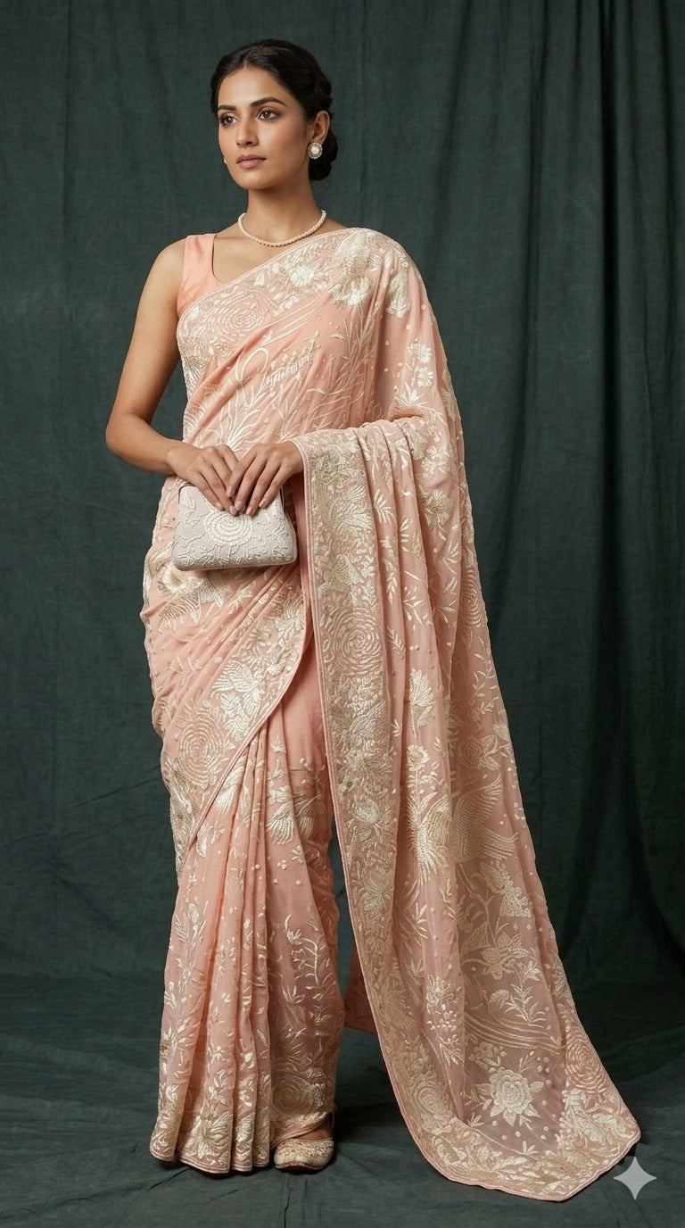 Peach Pink Parsi Gara Saree