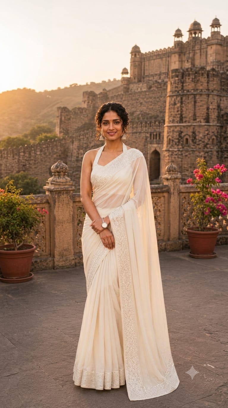 Ivory Sequins Saree