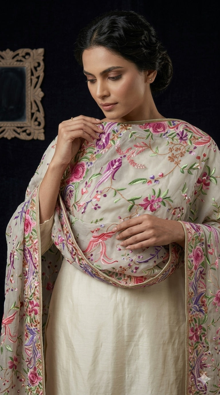 Off White Parsi Gara Dupatta