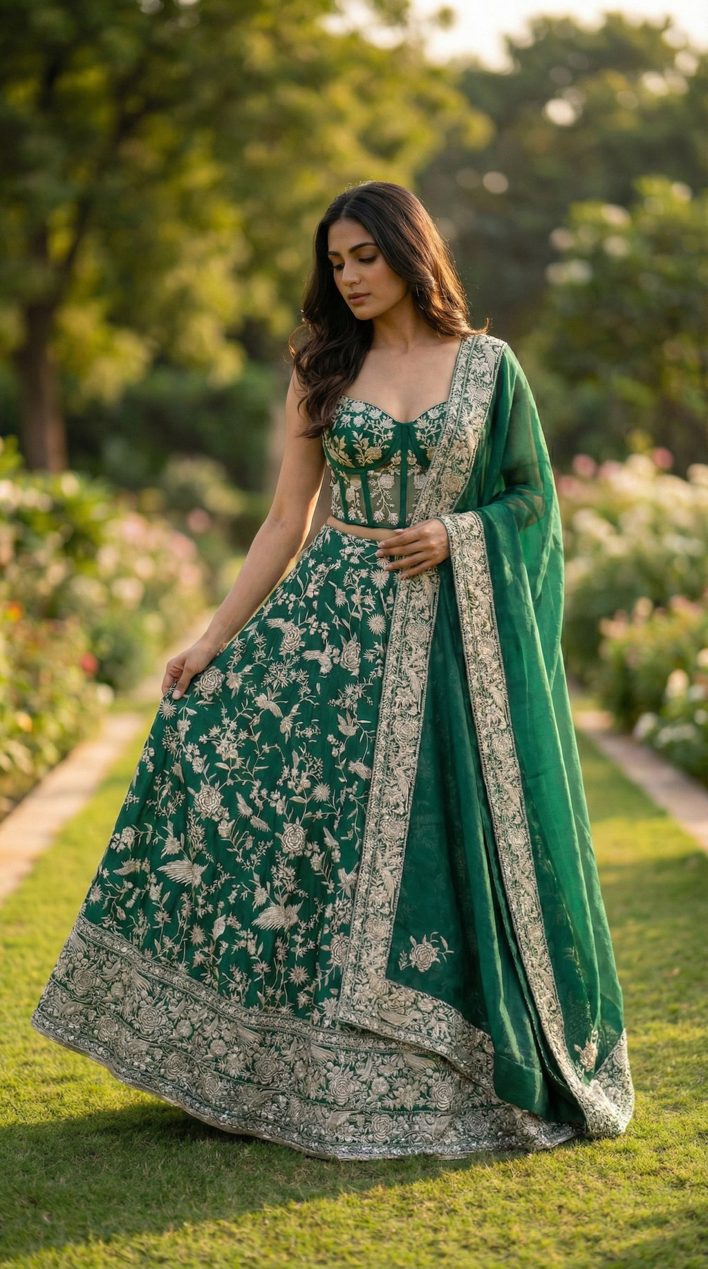 Emerald Green Ghara Silk Skirt with Corset