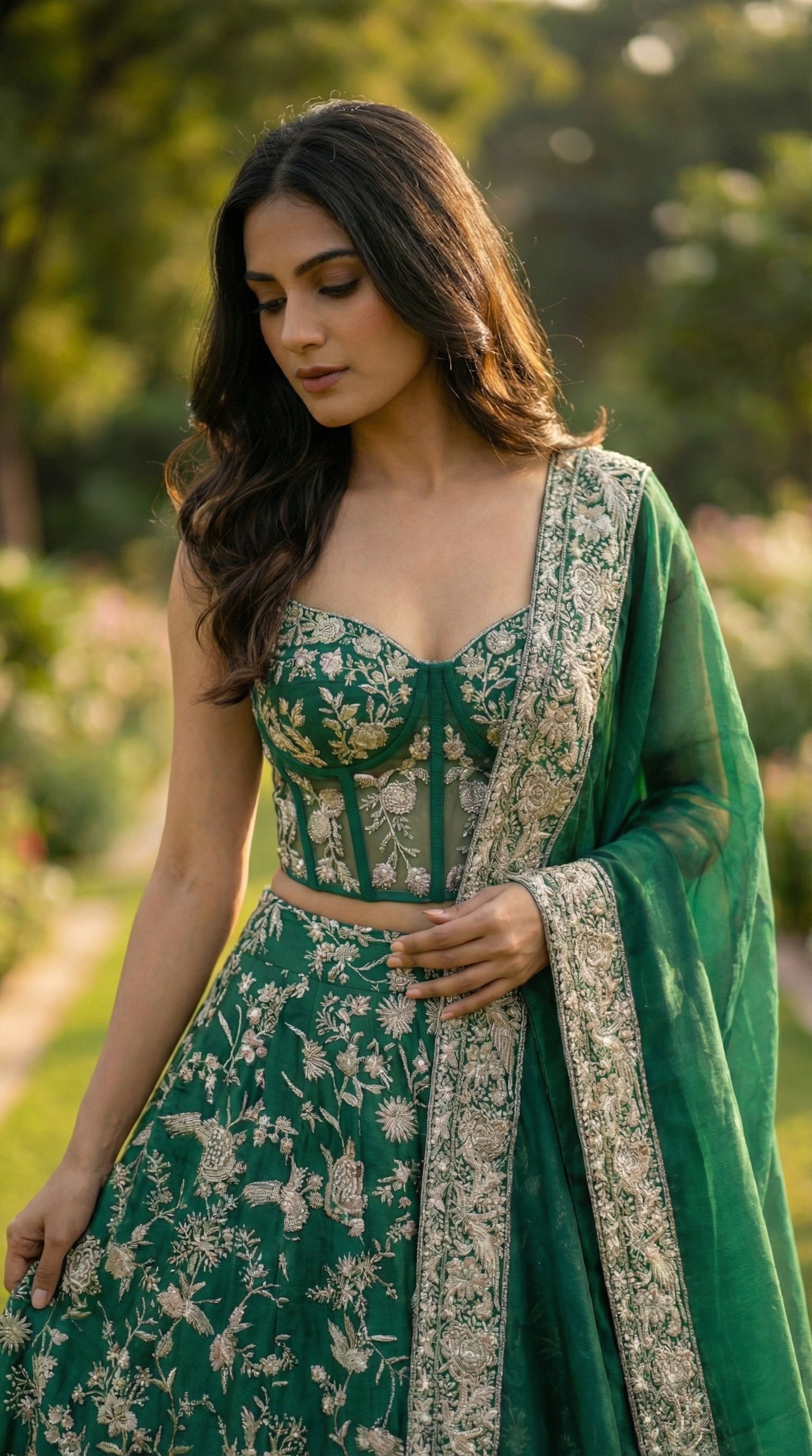 Emerald Green Ghara Silk Skirt with Corset