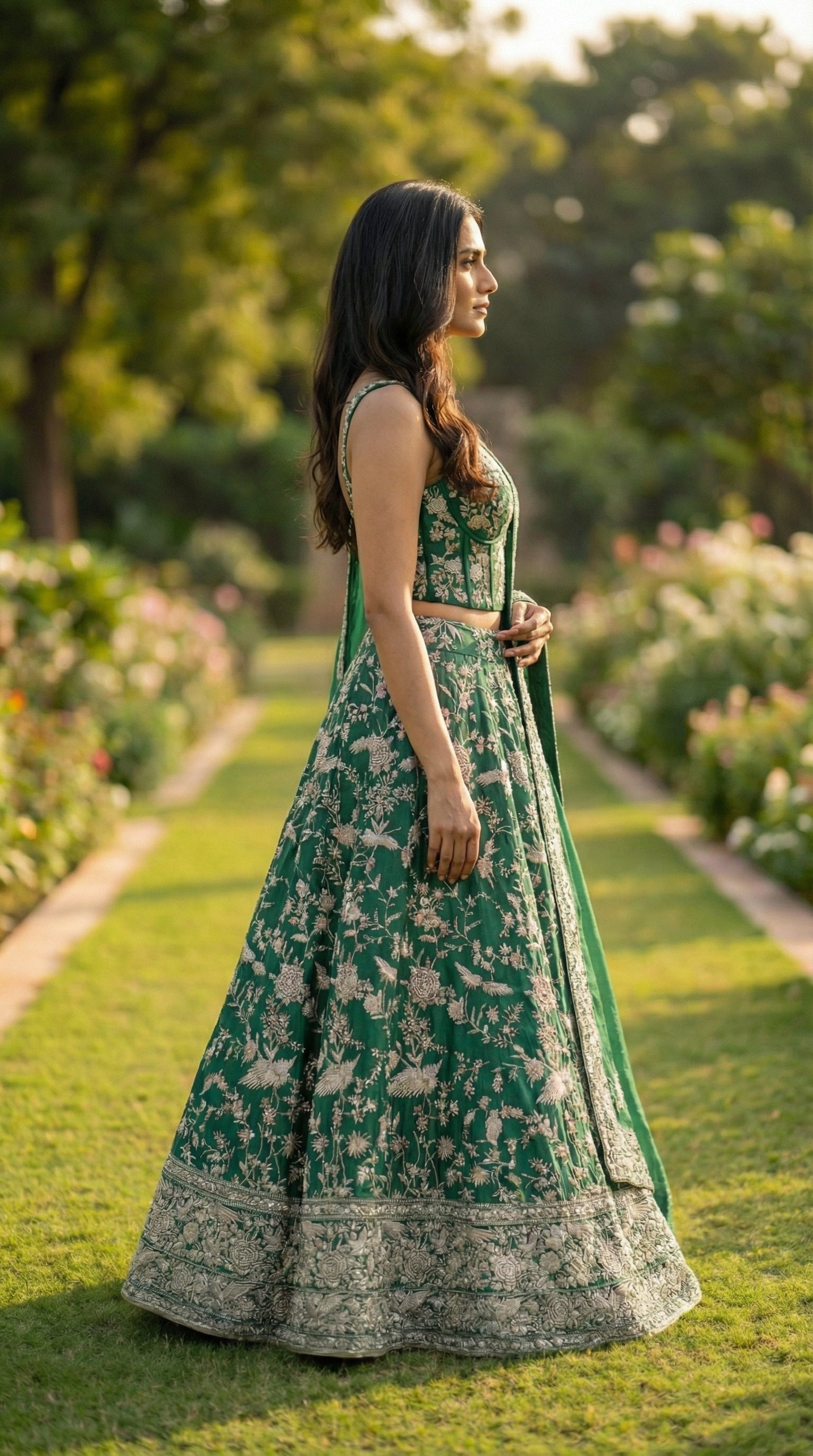 Emerald Green Ghara Silk Skirt with Corset